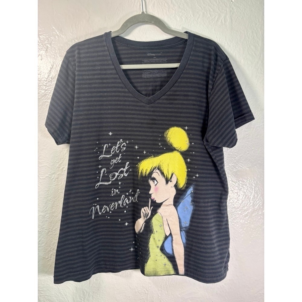 Disney Store Tinker Bell T-Shirt Women 2XL Gray Striped Fairy Whimsical Glitter